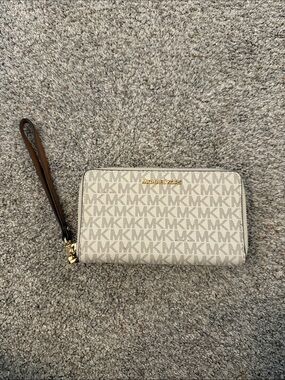 Michael Kors Beige Signature MK Zip Wristlet Wallet with Brown Strap